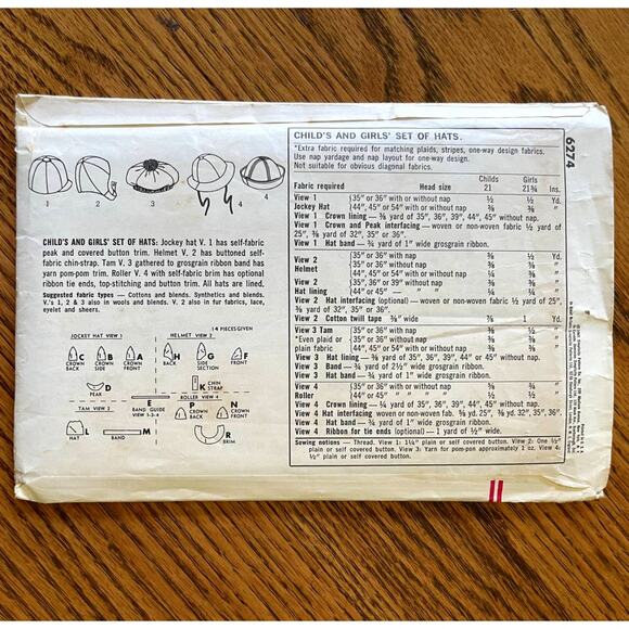 Vintage 1960s Simplicity 6274 Sewing Pattern Size 21 3/4" Set of Hats COMPLETE - Picture 2 of 2
